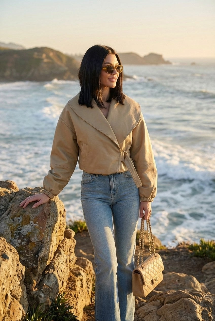 Faux Leather Wrap Jacket Cropped Belted Chic Outerwear