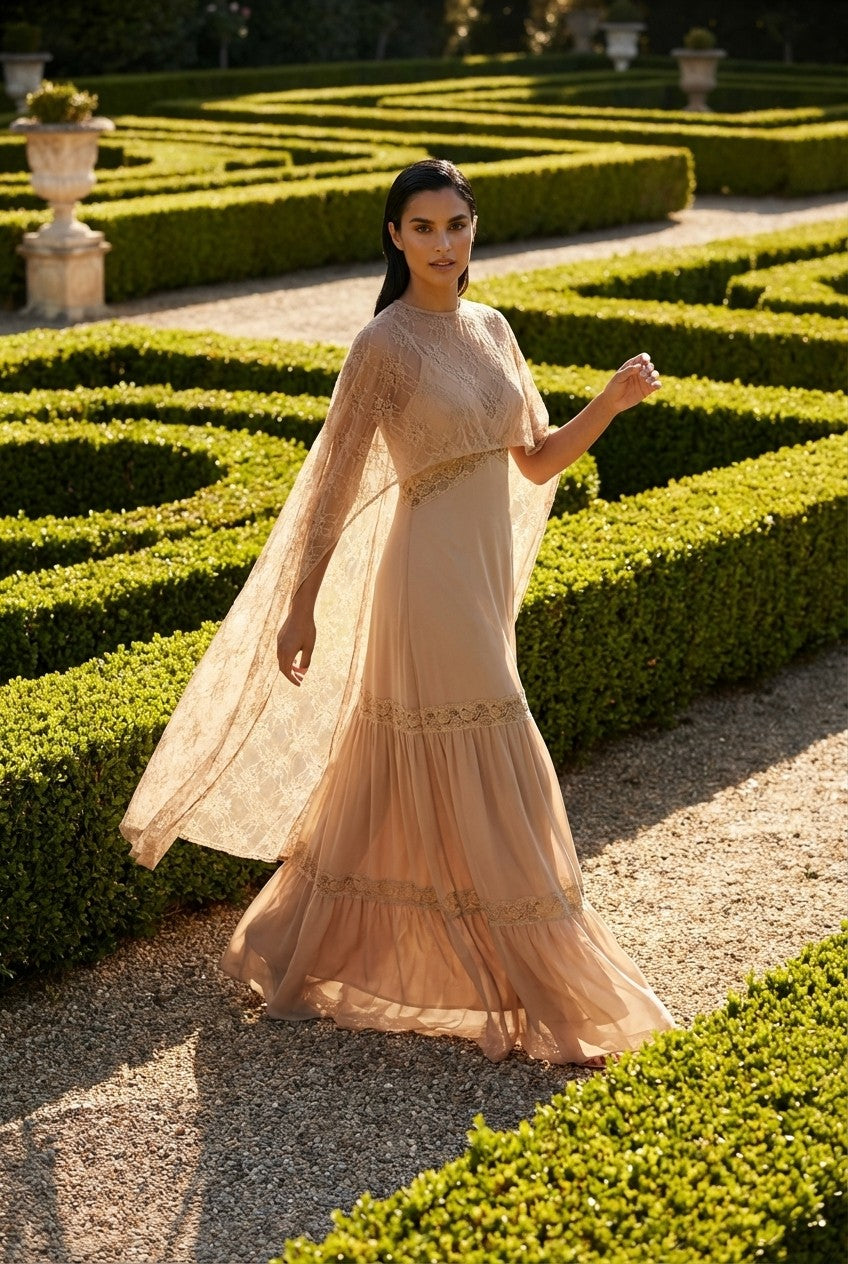 Floral Lace Cape Maxi Dress Flowing Tiered Formal Gown