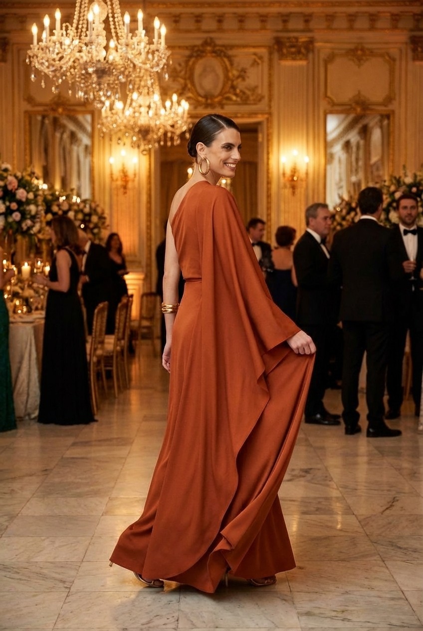 Terracotta-colored one-shoulder pleated maxi dress