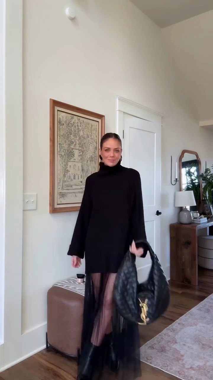 Black oversized turtleneck sweater and sheer long skirt set-Mesadic