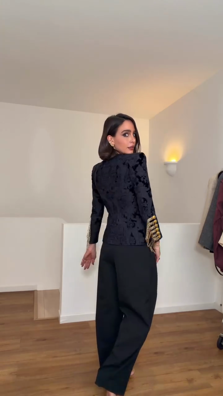 Black velvet military-style embellished suit jacket-Mesadic