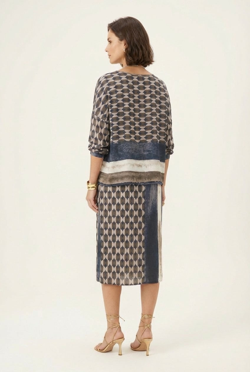 Abstract Print Blouse and Midi Skirt Set, Elegant Chic Style