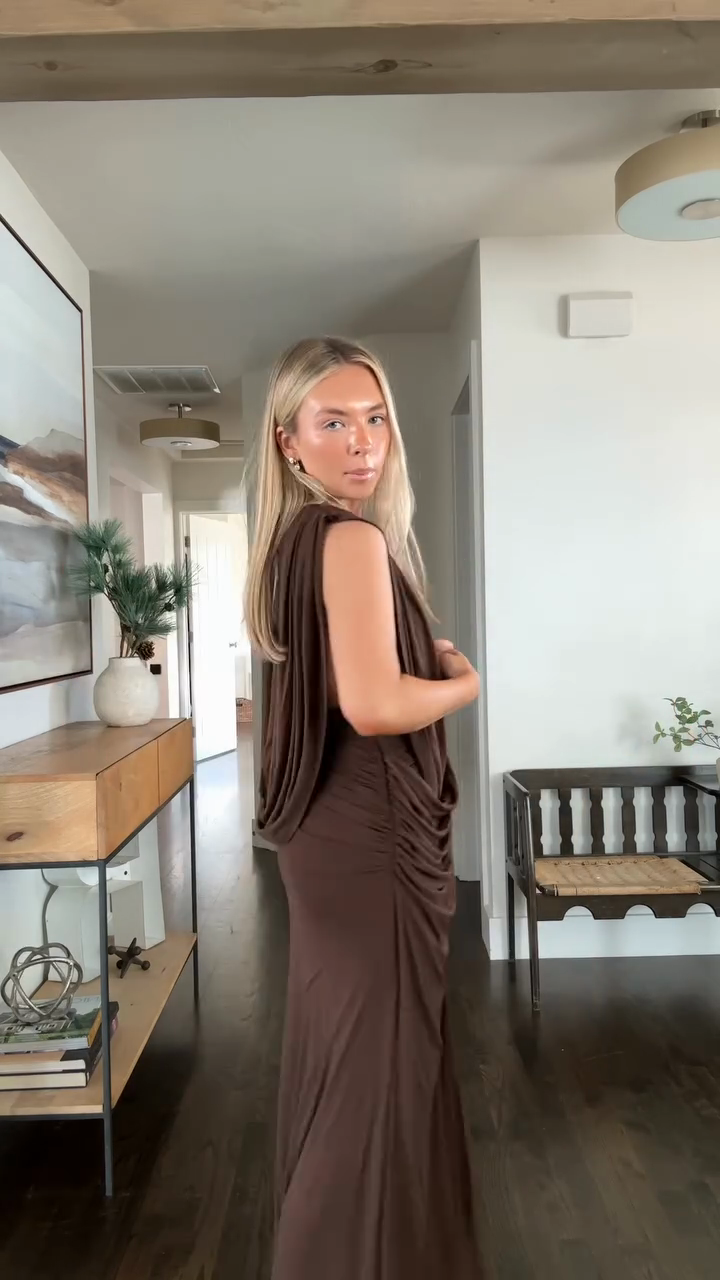 Chocolate brown tie-waist deep V-neck long dress-Mesadic