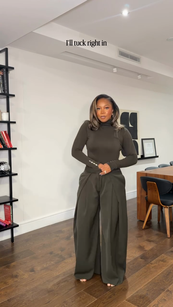 Dark olive green fitted turtleneck top and pleated wide-leg pants suit-Mesadic