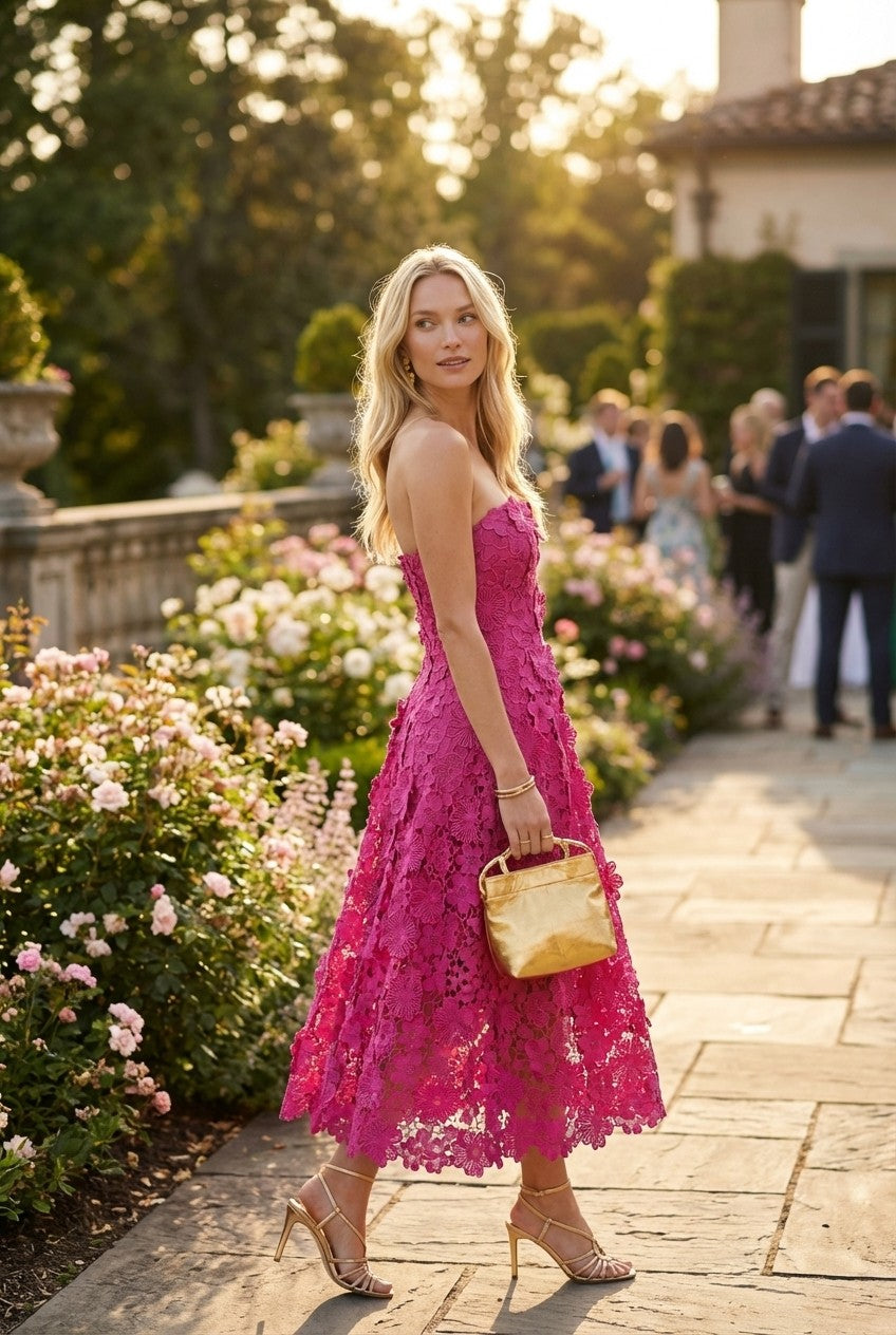 3D Floral Lace Strapless Midi Dress, Elegant A-Line Evening Style