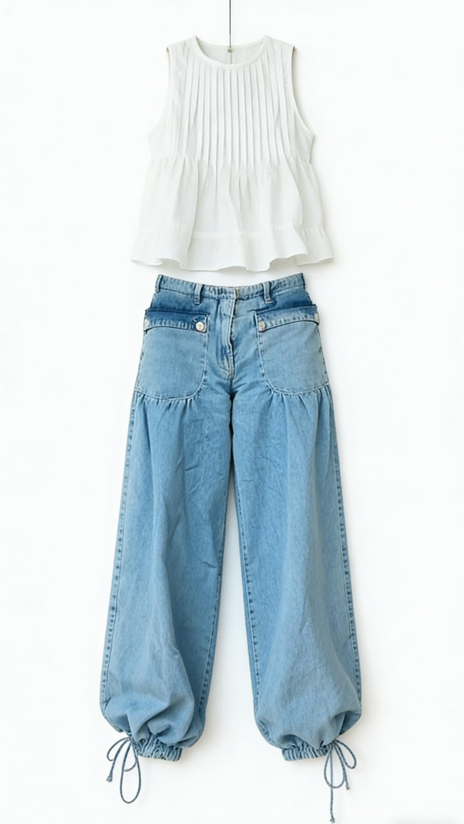 White ruffled top and light-colored loose-fitting jeans set-Mesadic