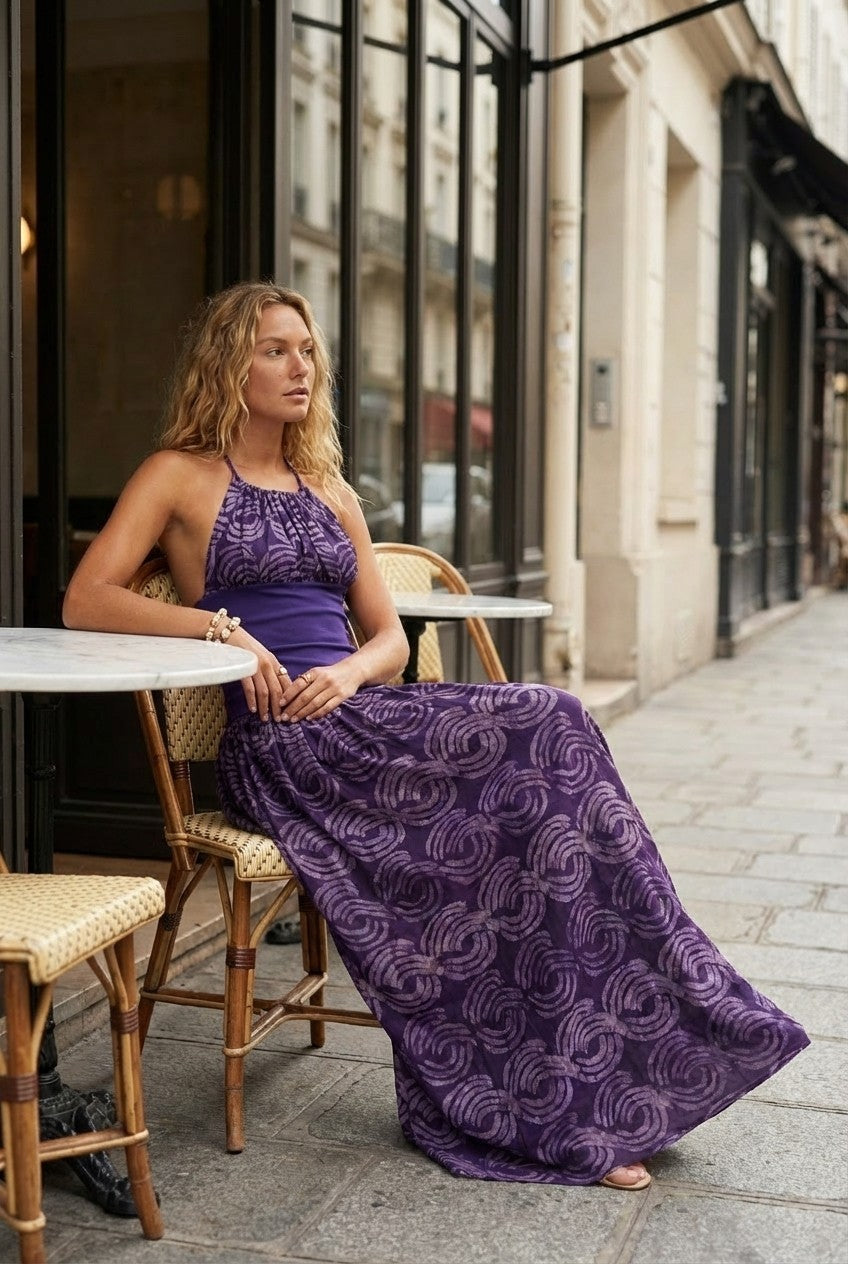 Halter Neck Printed Flowy Maxi Dress with Cinched Waist