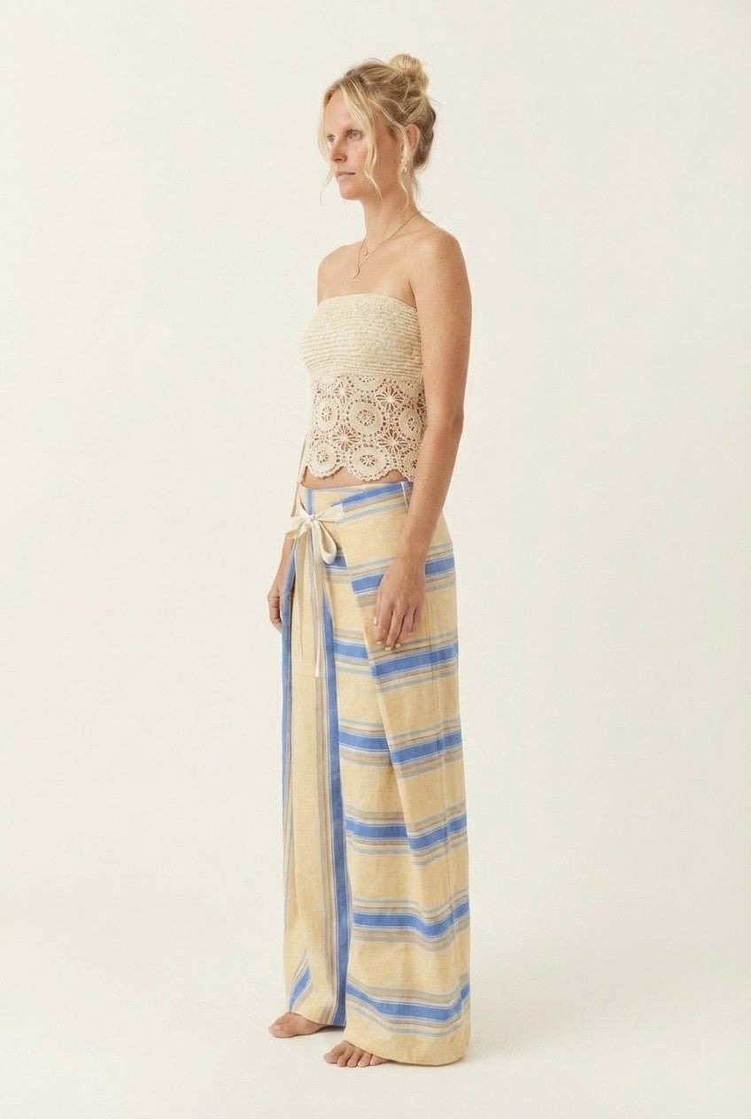 Lace Crochet Crop Top and Striped Wrap Pants Set Beach Vacation