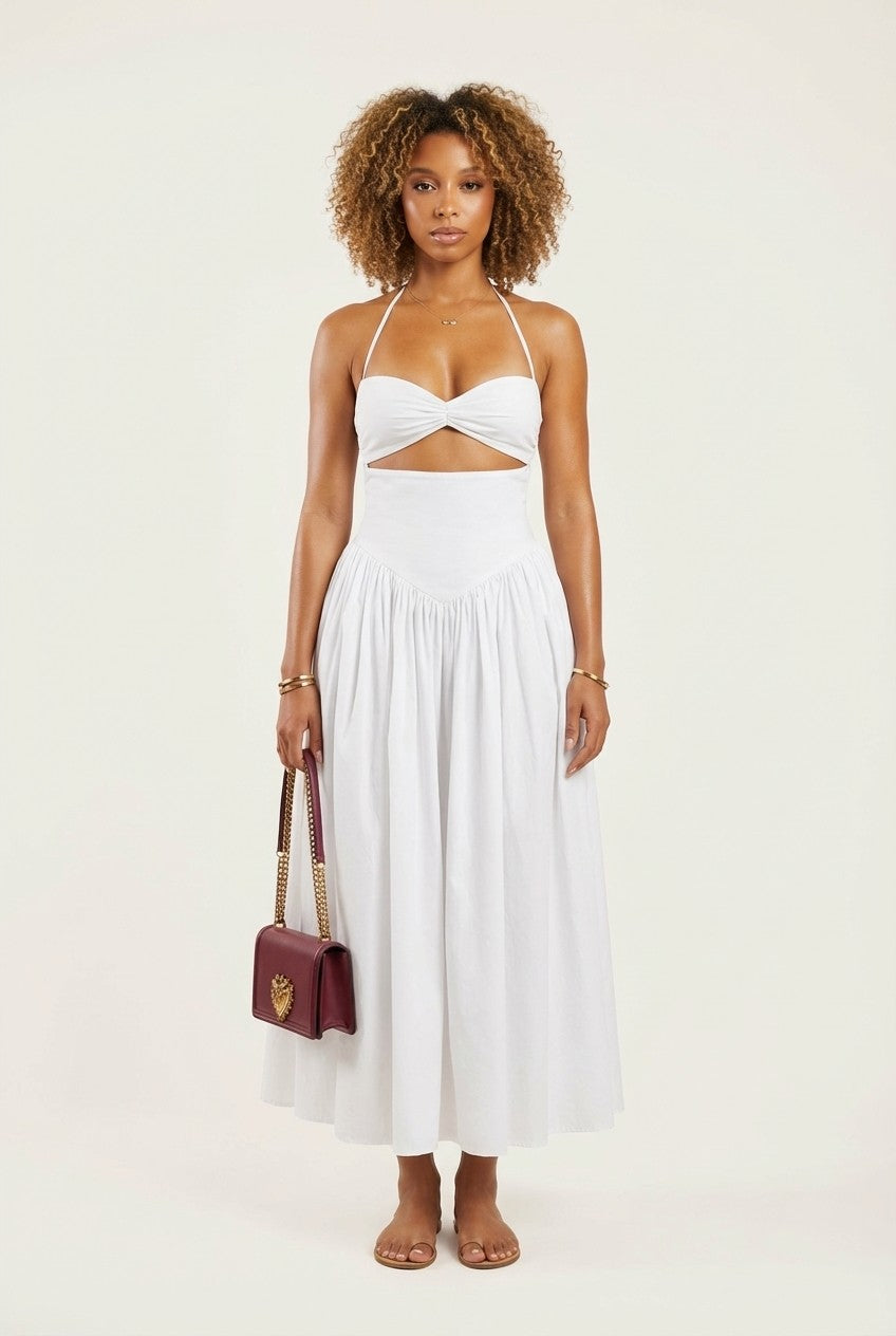 Women's White Cotton Halter Cut-Out Midi Dress Flowy Summer Vibe