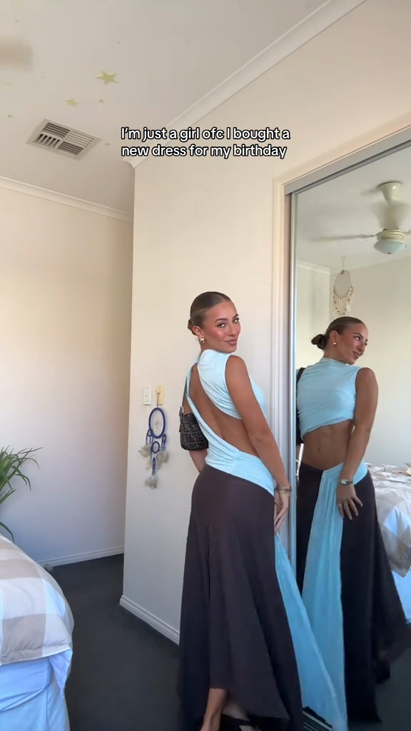 Sky blue and chocolate brown pleated dress-Mesadic