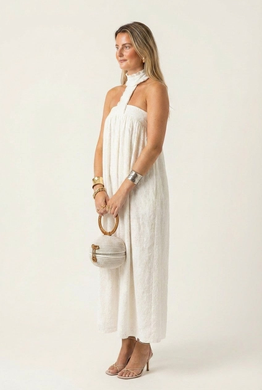 White Eyelet Cotton Halter Maxi Dress Flowy Summer Vacation Style