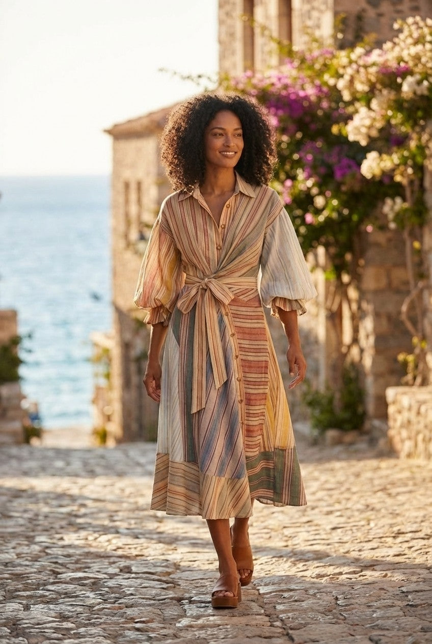 Striped Linen Blend Puff Sleeve Midi Shirt Dress Tie Waist