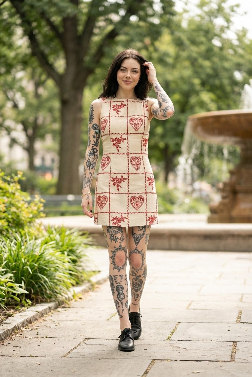 Embroidered Canvas Mini Dress Heart Rose Pattern Vintage Vibe
