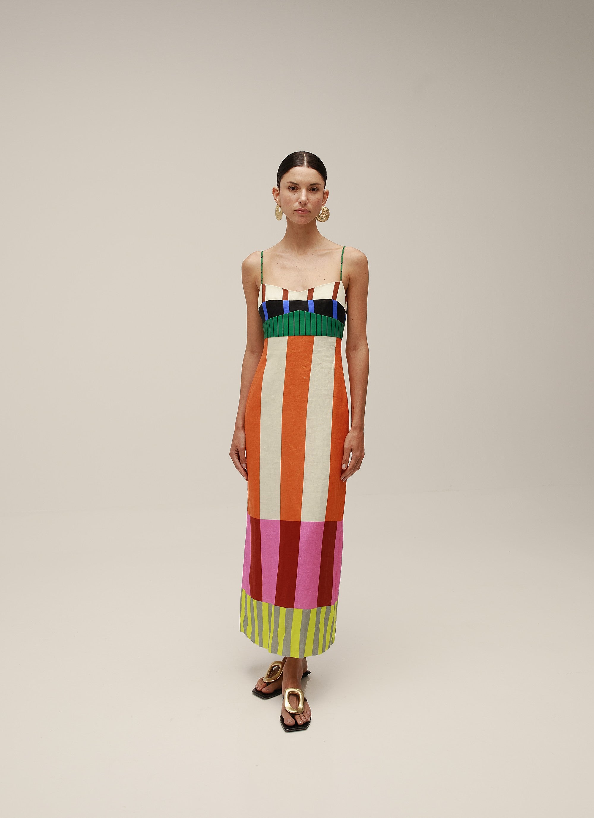 Color-blocked striped backless midi dress-Mesadic