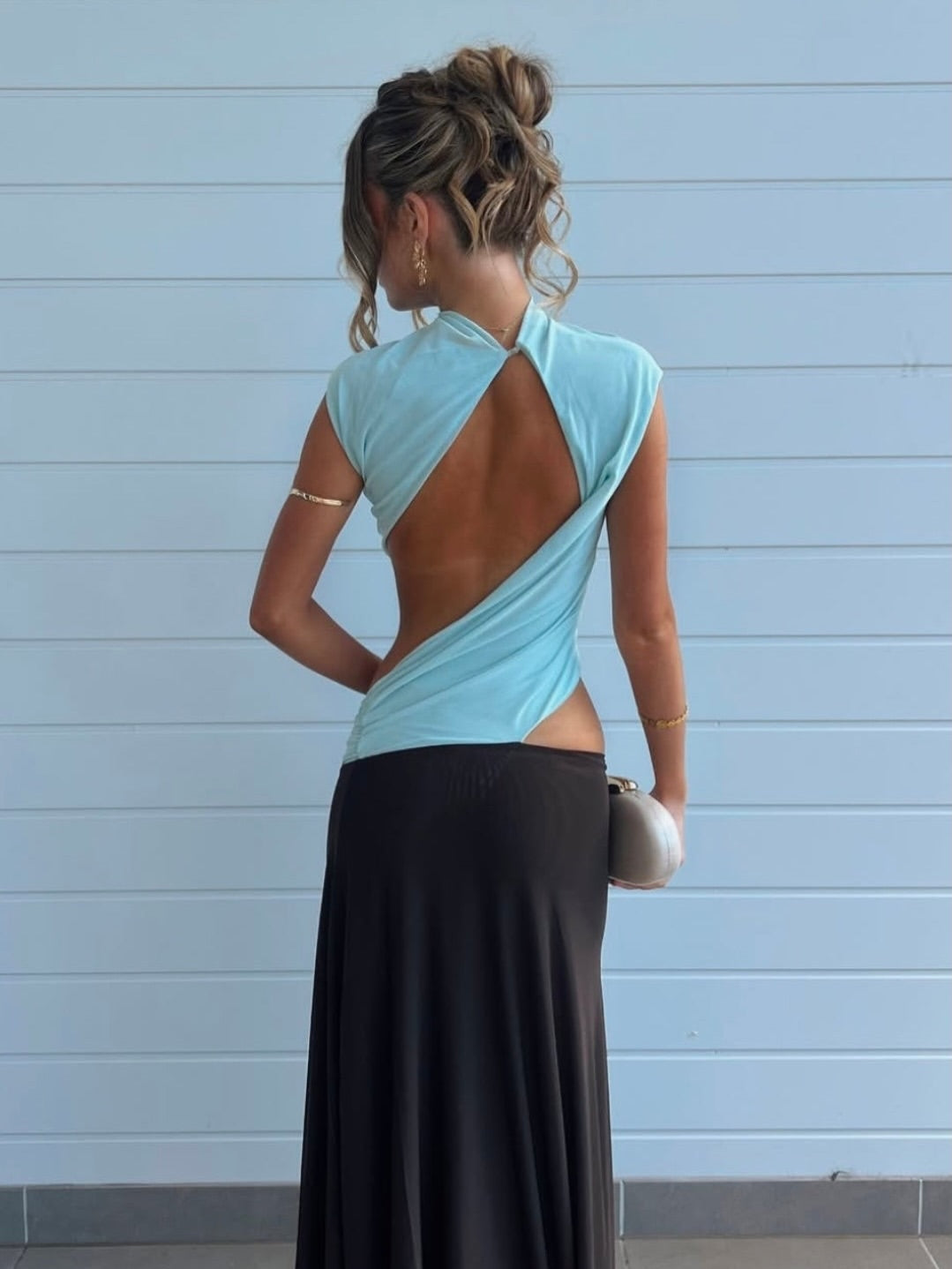 Sky blue and chocolate brown pleated dress-Mesadic