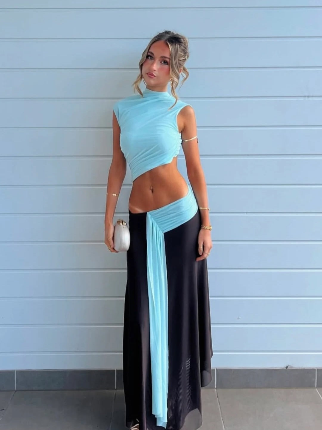 Sky blue and chocolate brown pleated dress-Mesadic