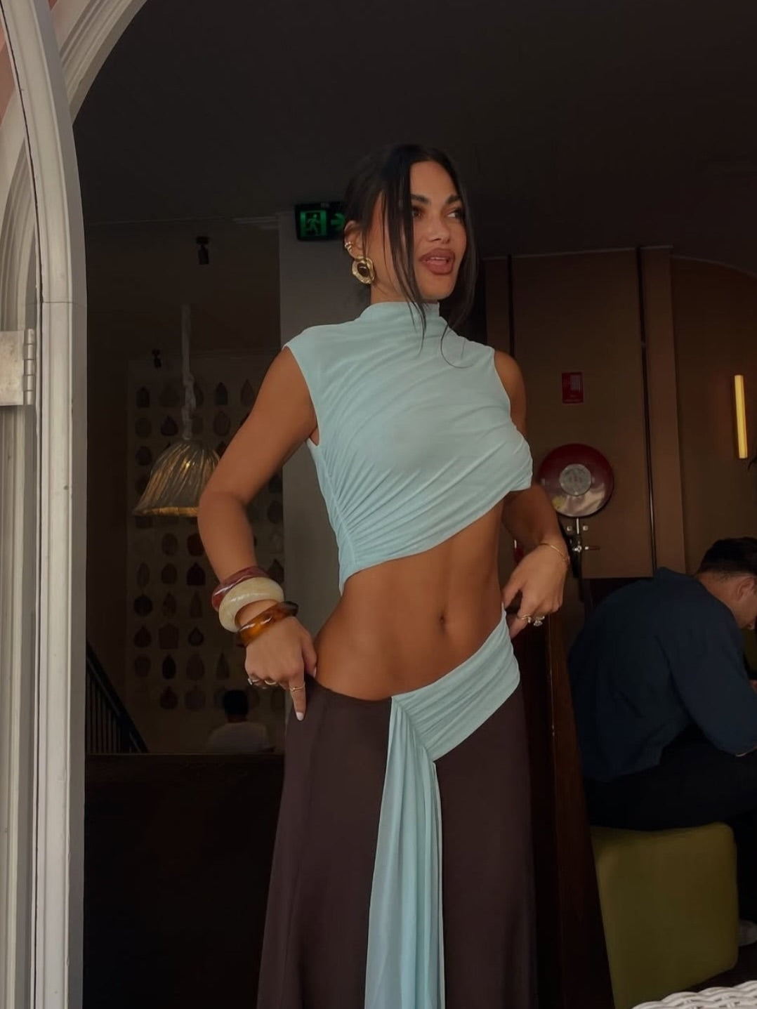 Sky blue and chocolate brown pleated dress-Mesadic