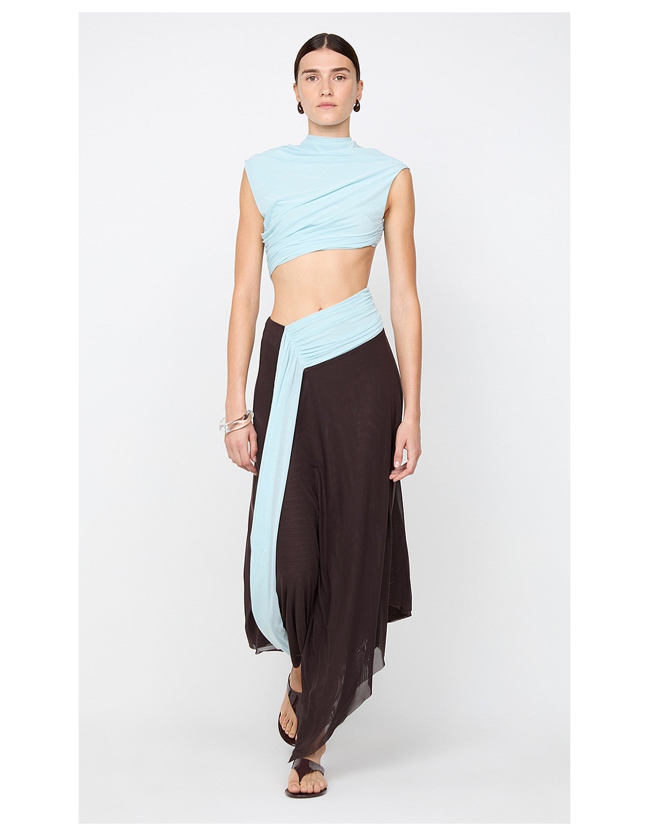 Sky blue and chocolate brown pleated dress-Mesadic
