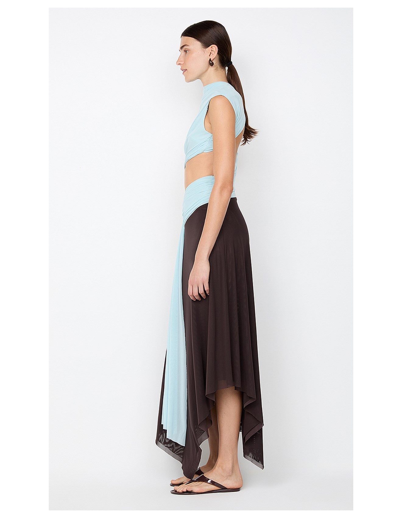 Sky blue and chocolate brown pleated dress-Mesadic