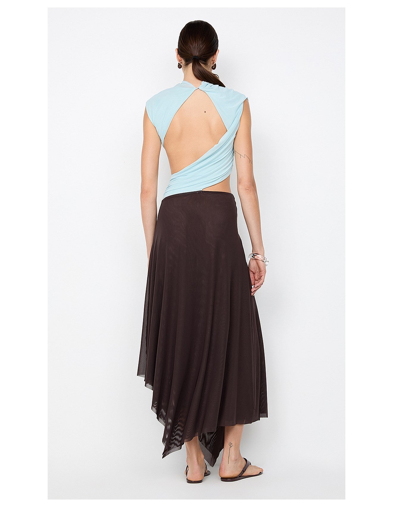 Sky blue and chocolate brown pleated dress-Mesadic