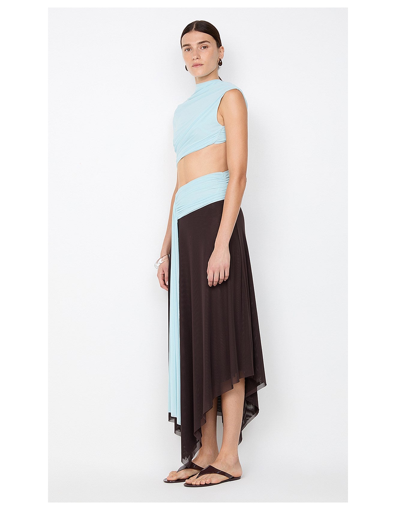 Sky blue and chocolate brown pleated dress-Mesadic