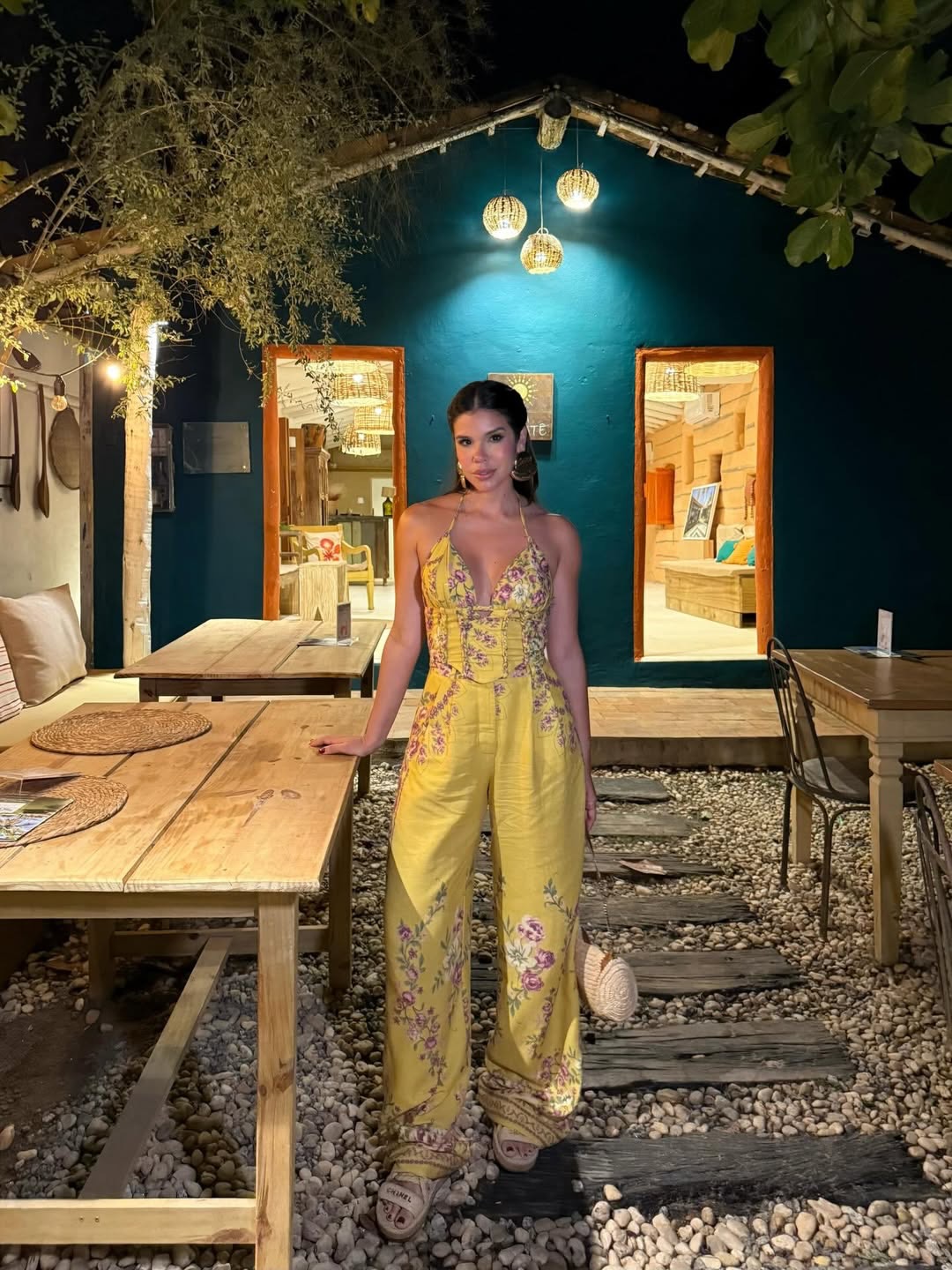 Gold floral print top and wide-leg pants set