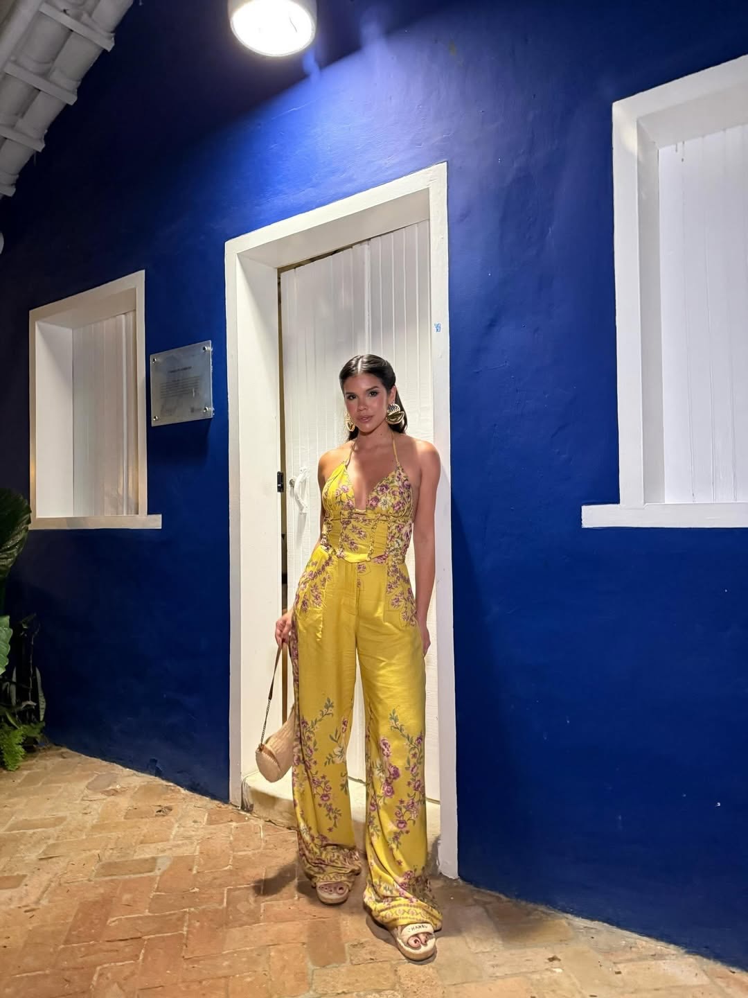 Gold floral print top and wide-leg pants set