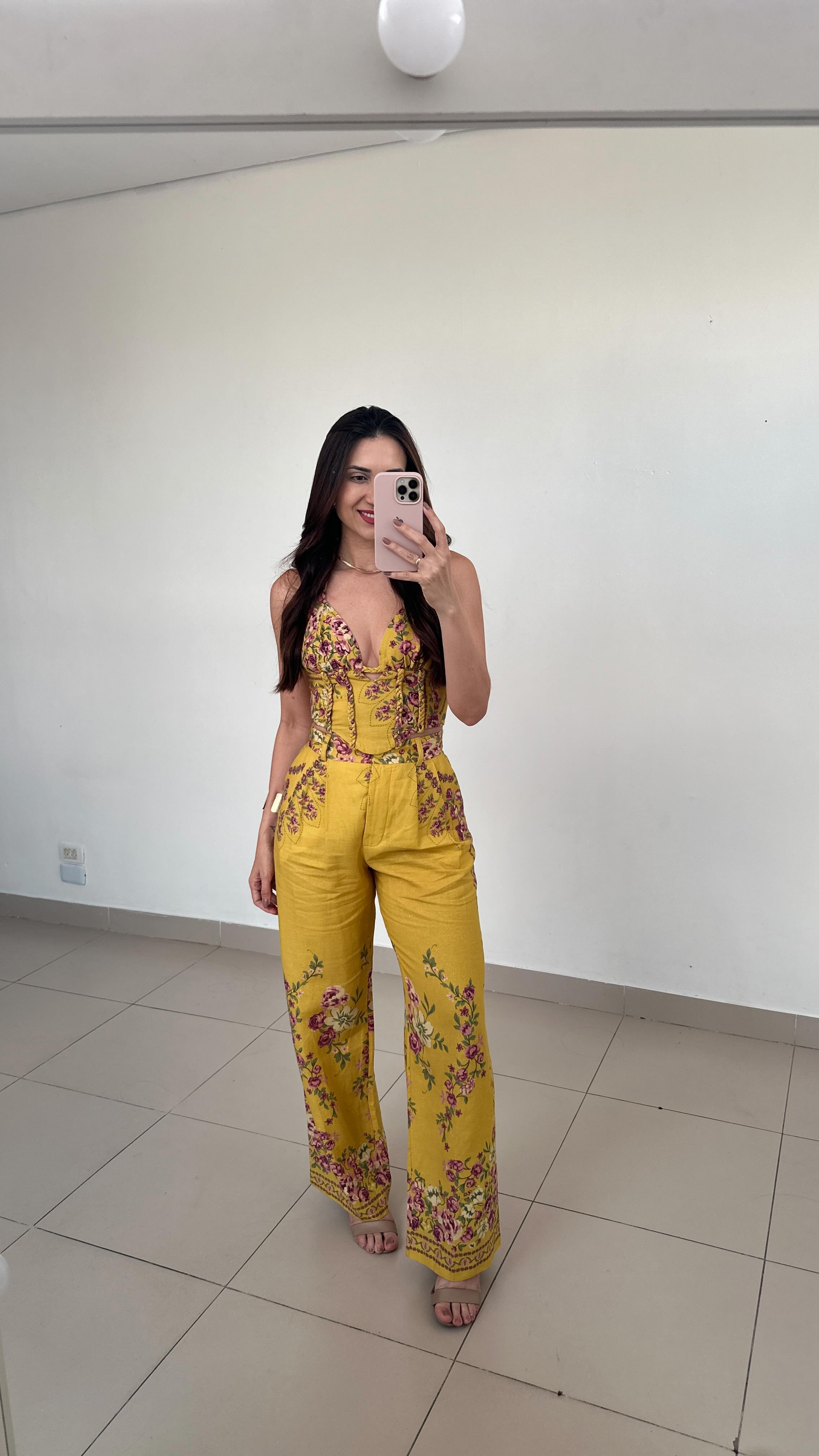 Gold floral print top and wide-leg pants set