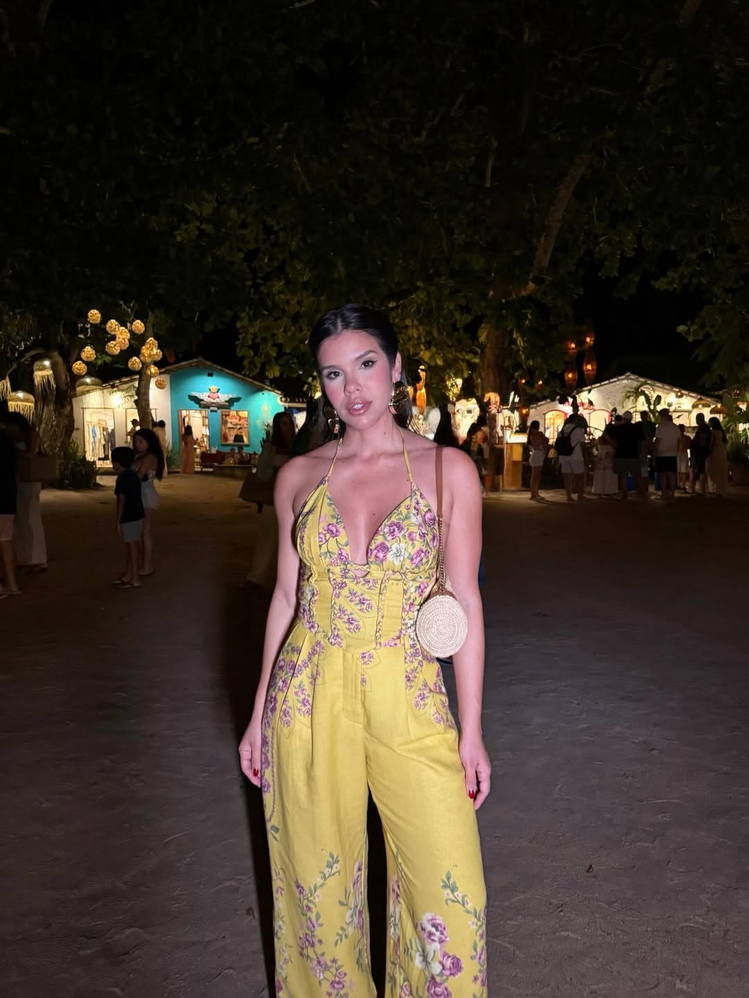 Gold floral print top and wide-leg pants set