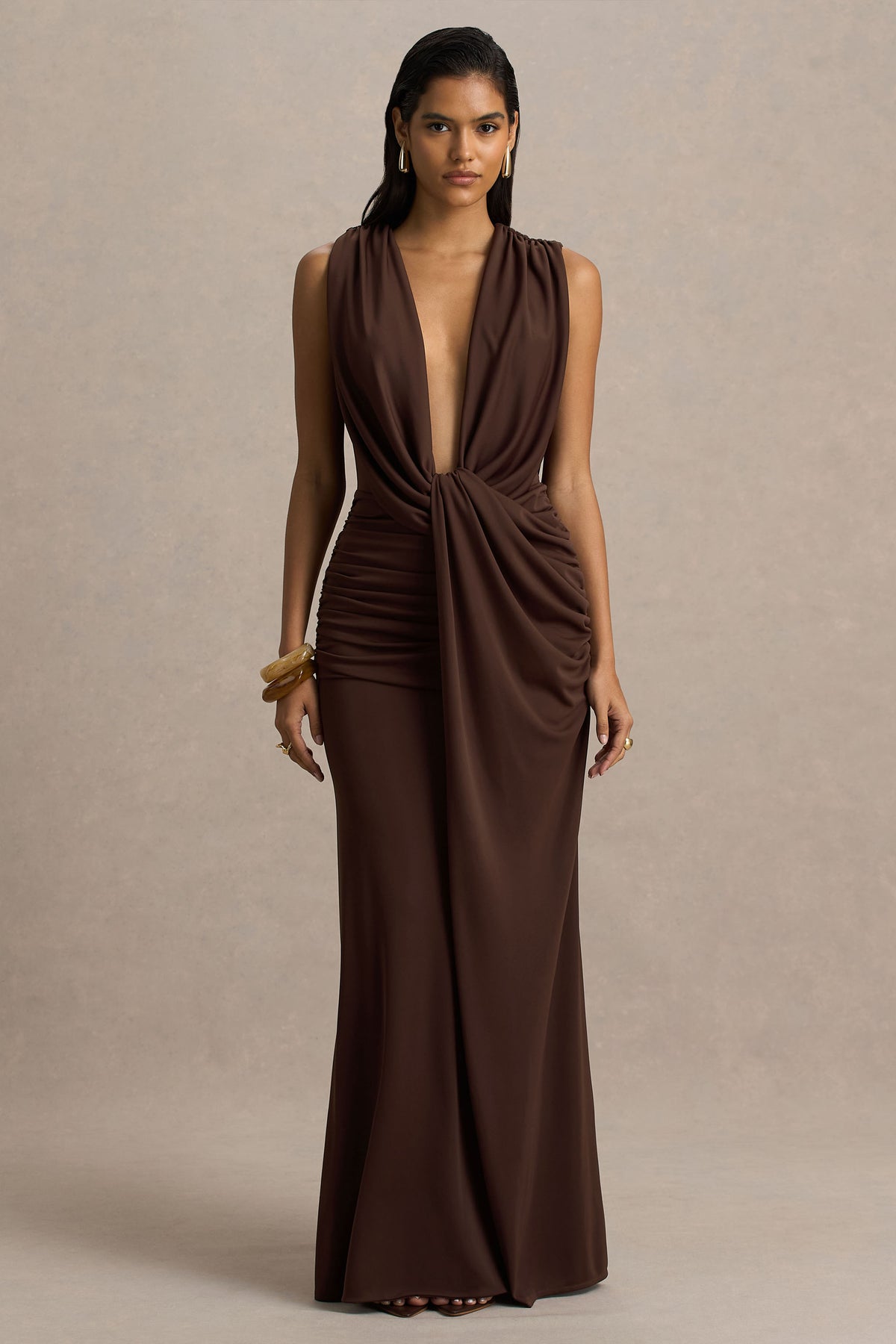 Chocolate brown tie-waist deep V-neck long dress-Mesadic