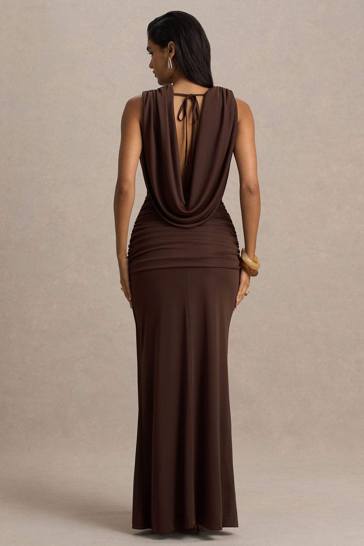 Chocolate brown tie-waist deep V-neck long dress-Mesadic