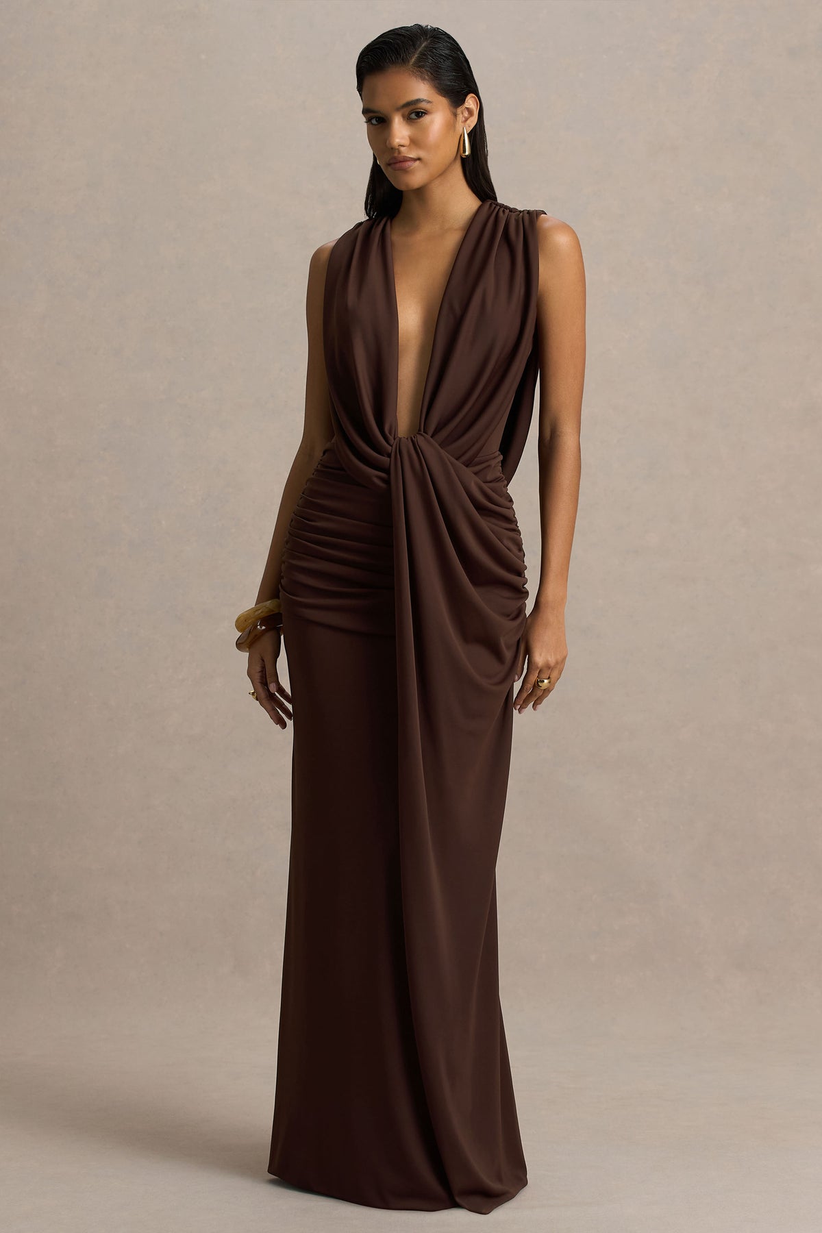 Chocolate brown tie-waist deep V-neck long dress-Mesadic