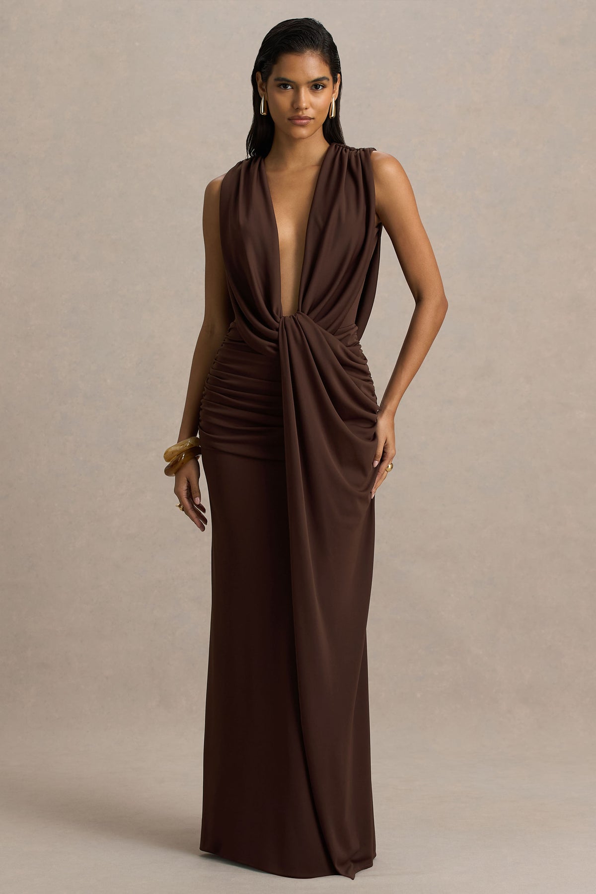 Chocolate brown tie-waist deep V-neck long dress-Mesadic