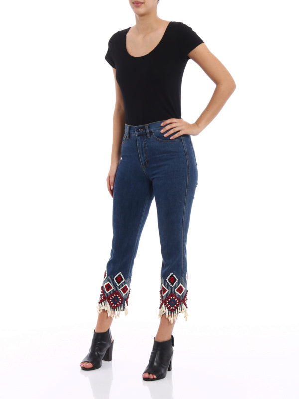 Dark washed embroidered tassel cropped jeans-Mesadic