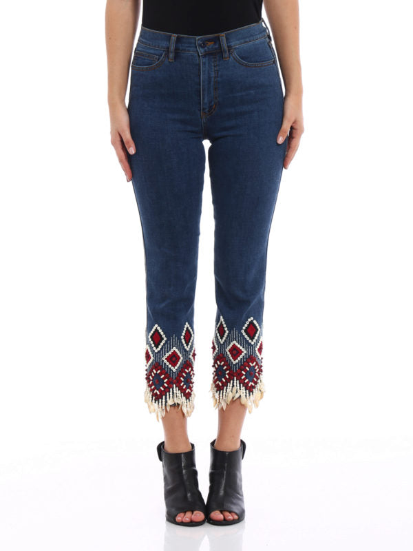 Dark washed embroidered tassel cropped jeans-Mesadic