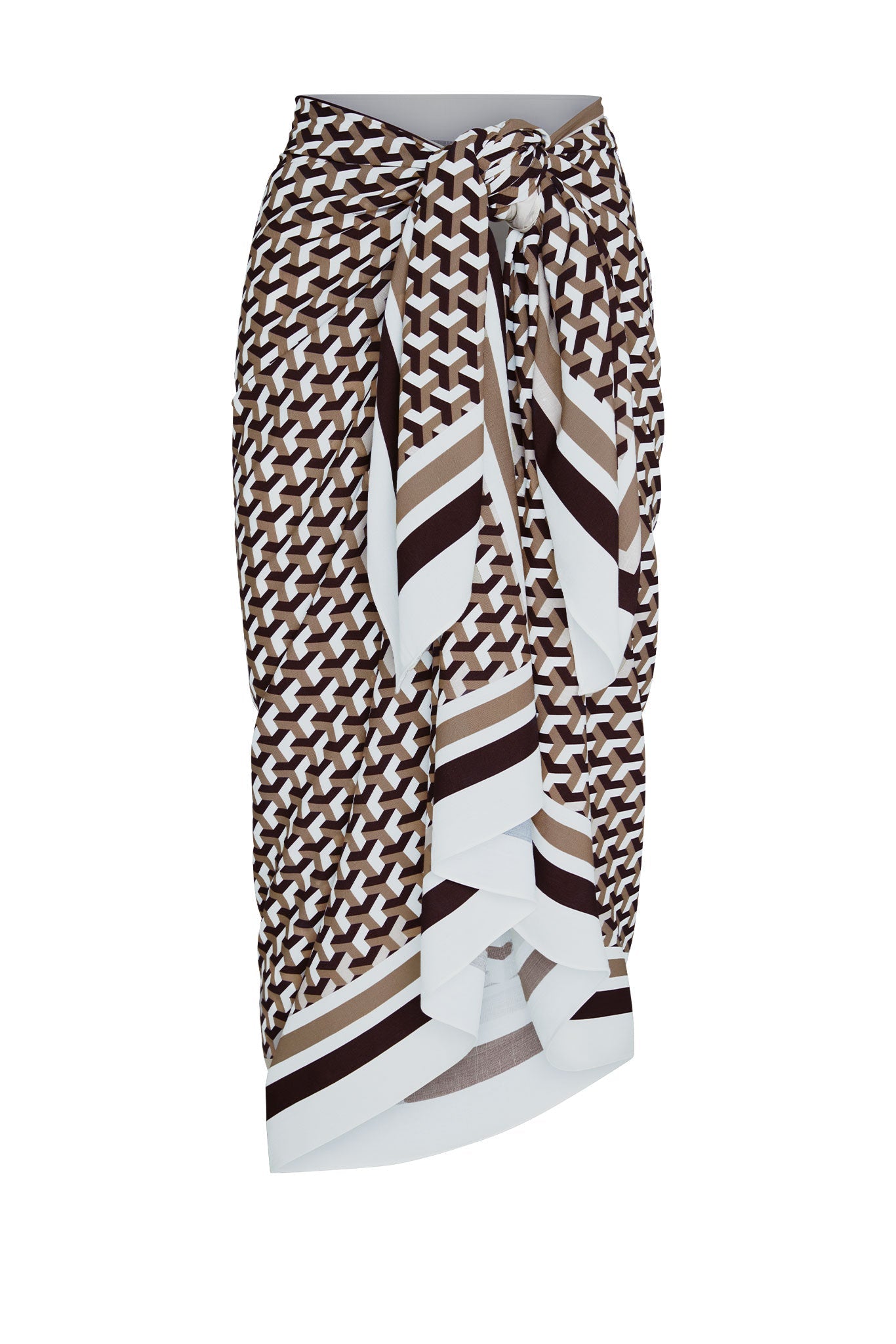 Brown and white geometric print bikini sarong set-Mesadic