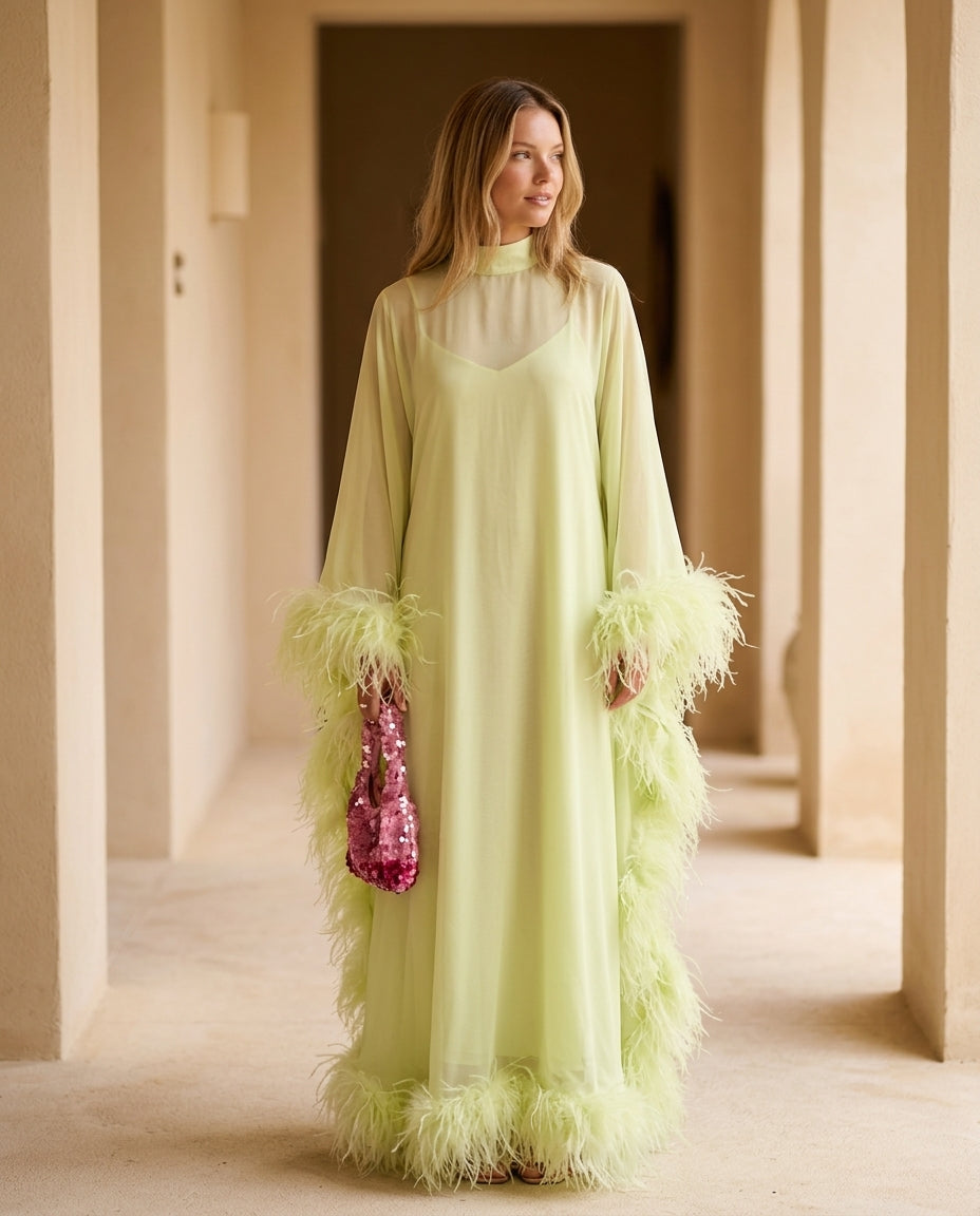 Light Green Eyelet V-Neck Maxi Dress "Amelie" Light Green Maxi Dress with Relaxed Fit silhouette and Textured texture, editorial ecommerce scene for Garden Party, a rooftop dinner in LA, US Coastal Glam