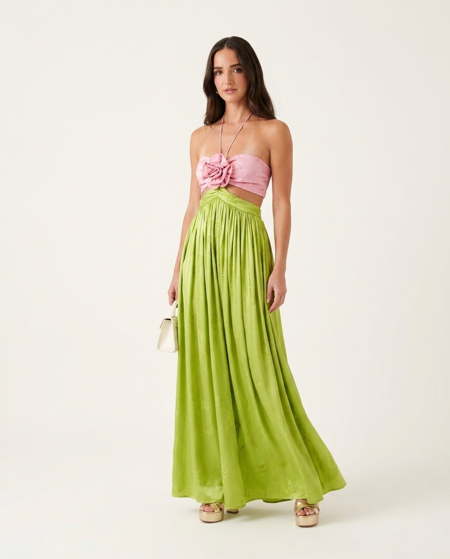 Pink Eyelet Strapless Maxi Dress "Marina" Pink Maxi Dress with Relaxed Fit silhouette and Textured texture, clean studio product view for Rooftop Brunch, a London dinner reservation, Euro Chic Premium