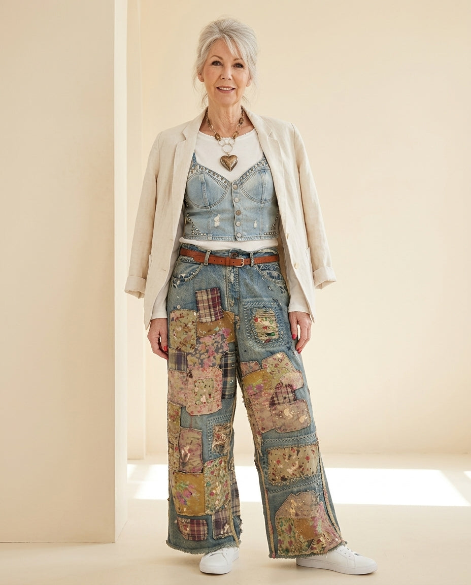 Blue Eyelet V-Neck Pants "Lucia" Blue Pants with Wide-Leg silhouette and Textured texture, front view product image for Business Casual, Brunch in SoHo, US Coastal Glam