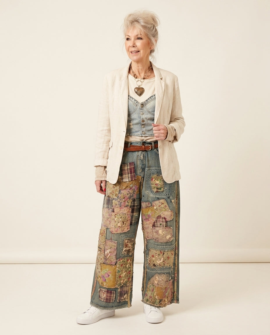 Blue Eyelet V-Neck Pants "Lucia" Blue Pants with Wide-Leg silhouette and Textured texture, clean studio product view for Business Casual, Brunch in SoHo, US Coastal Glam