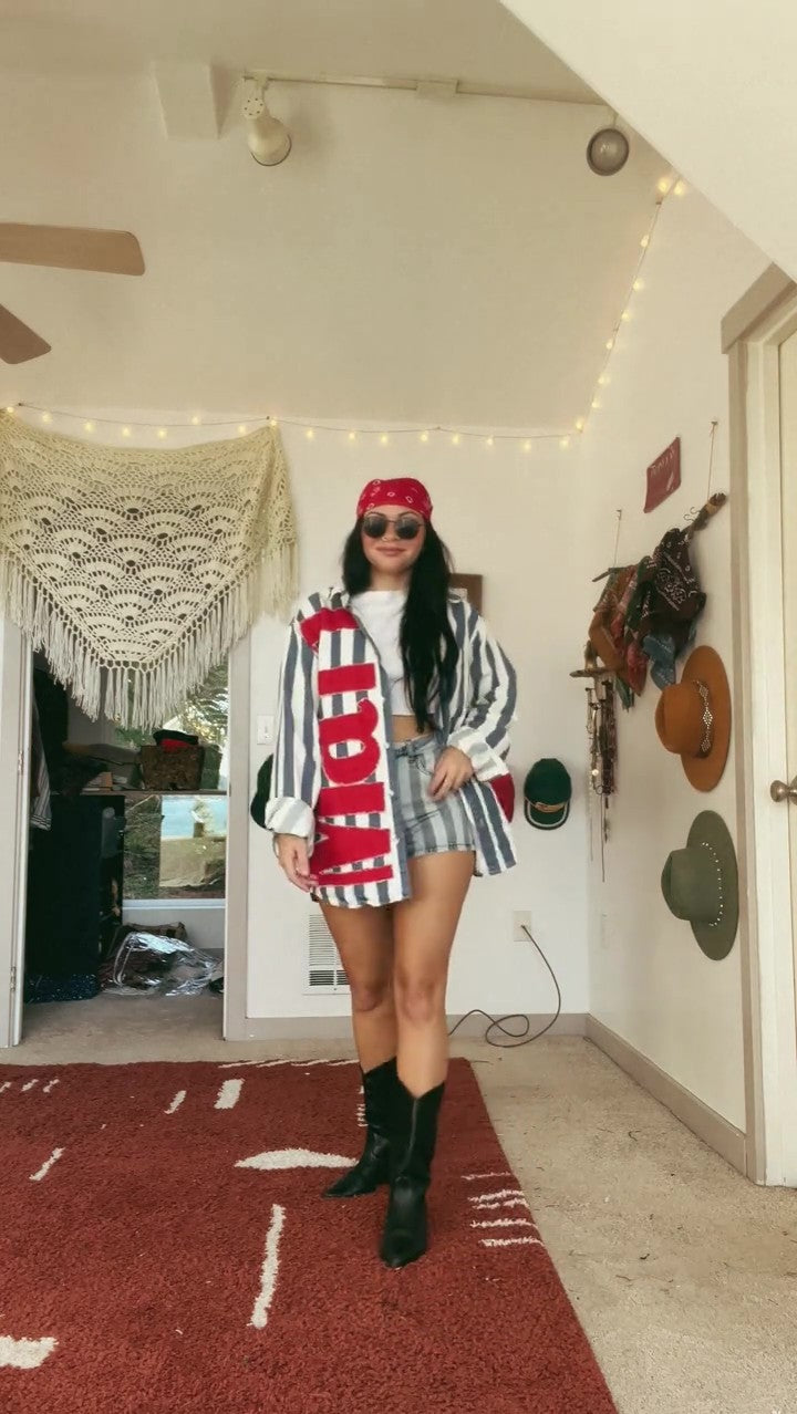 Howdy Western Striped Two-Piece Set – Oversized Shirt & High-Waisted Shorts