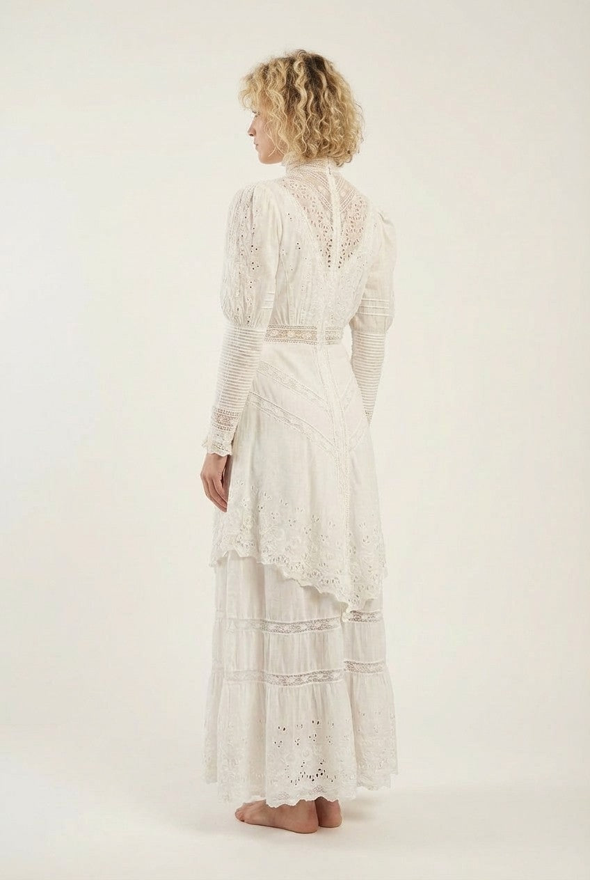 Women's Victorian Eyelet Lace Maxi Dress High Neck Romantic Vintage Style