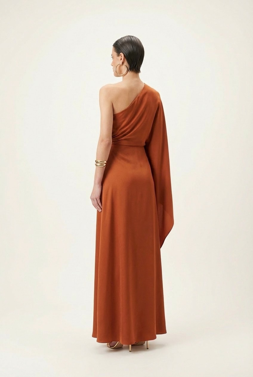 Terracotta-colored one-shoulder pleated maxi dress