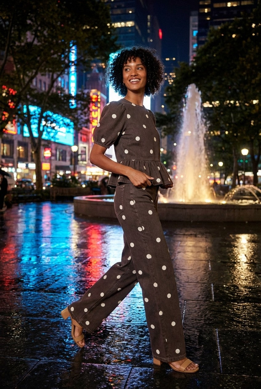 Women's Polka Dot Peplum Blouse and Wide Leg Pants Set