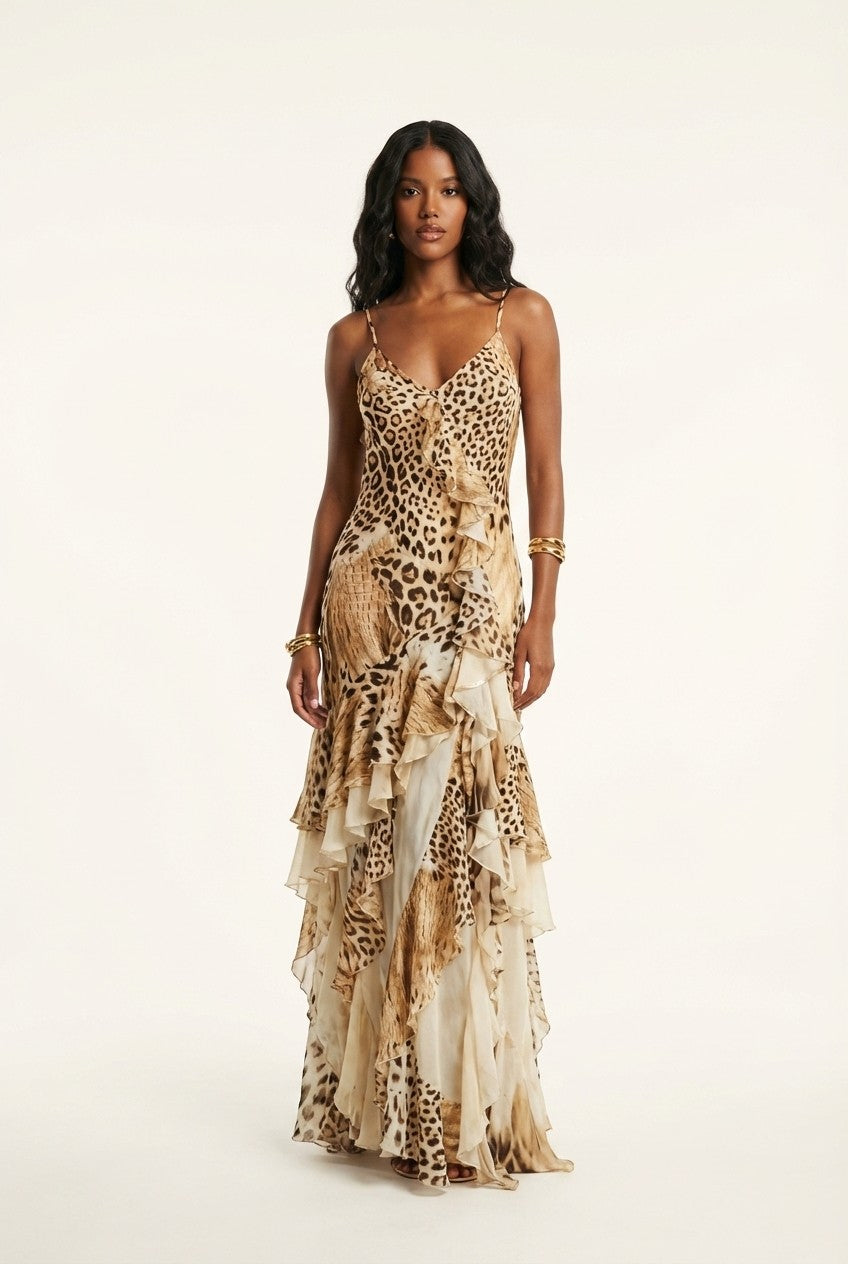 Leopard Print Chiffon Maxi Dress