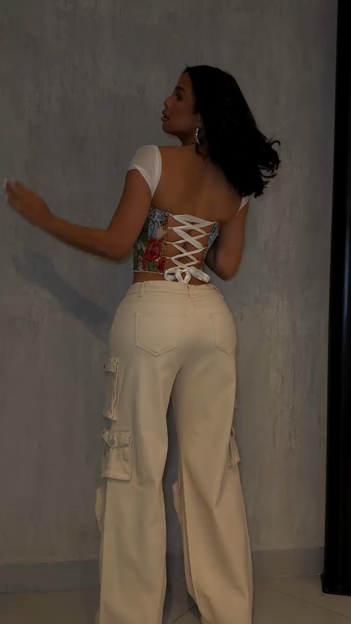 Floral Corset Top and Cargo Pants Set