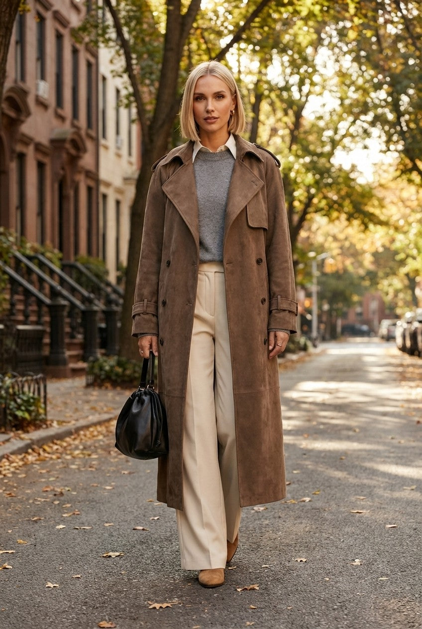 Soft Suede Trench Coat Double Breasted Long Classic Outerwear