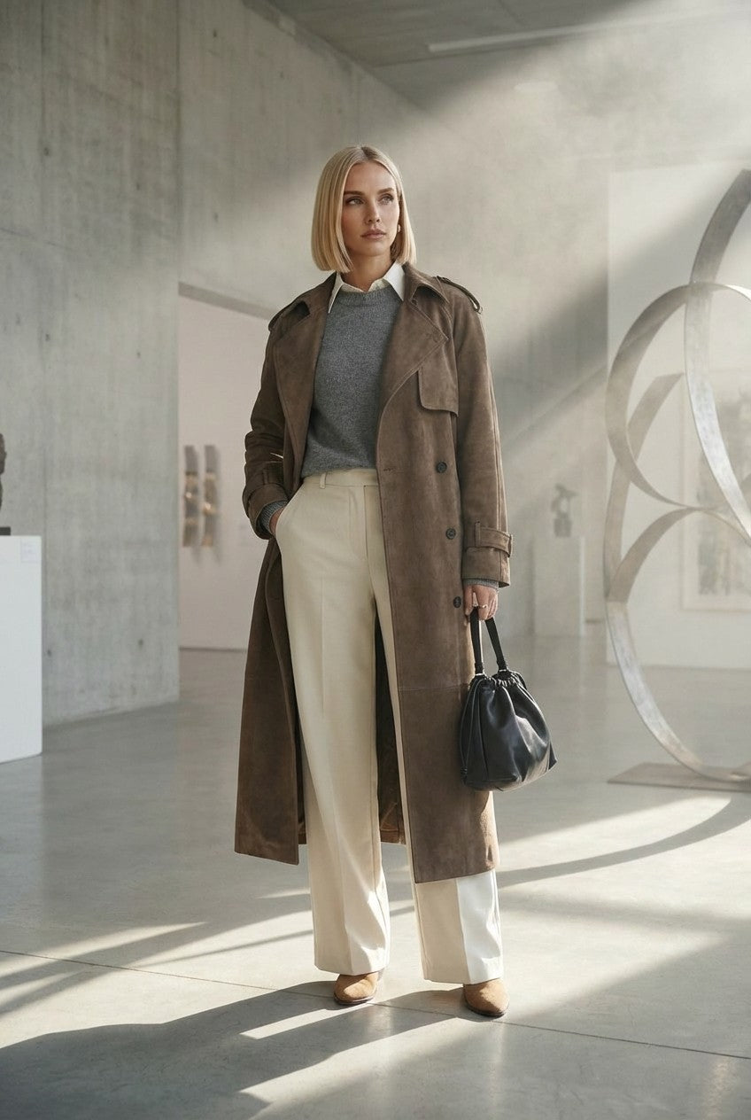 Soft Suede Trench Coat Double Breasted Long Classic Outerwear