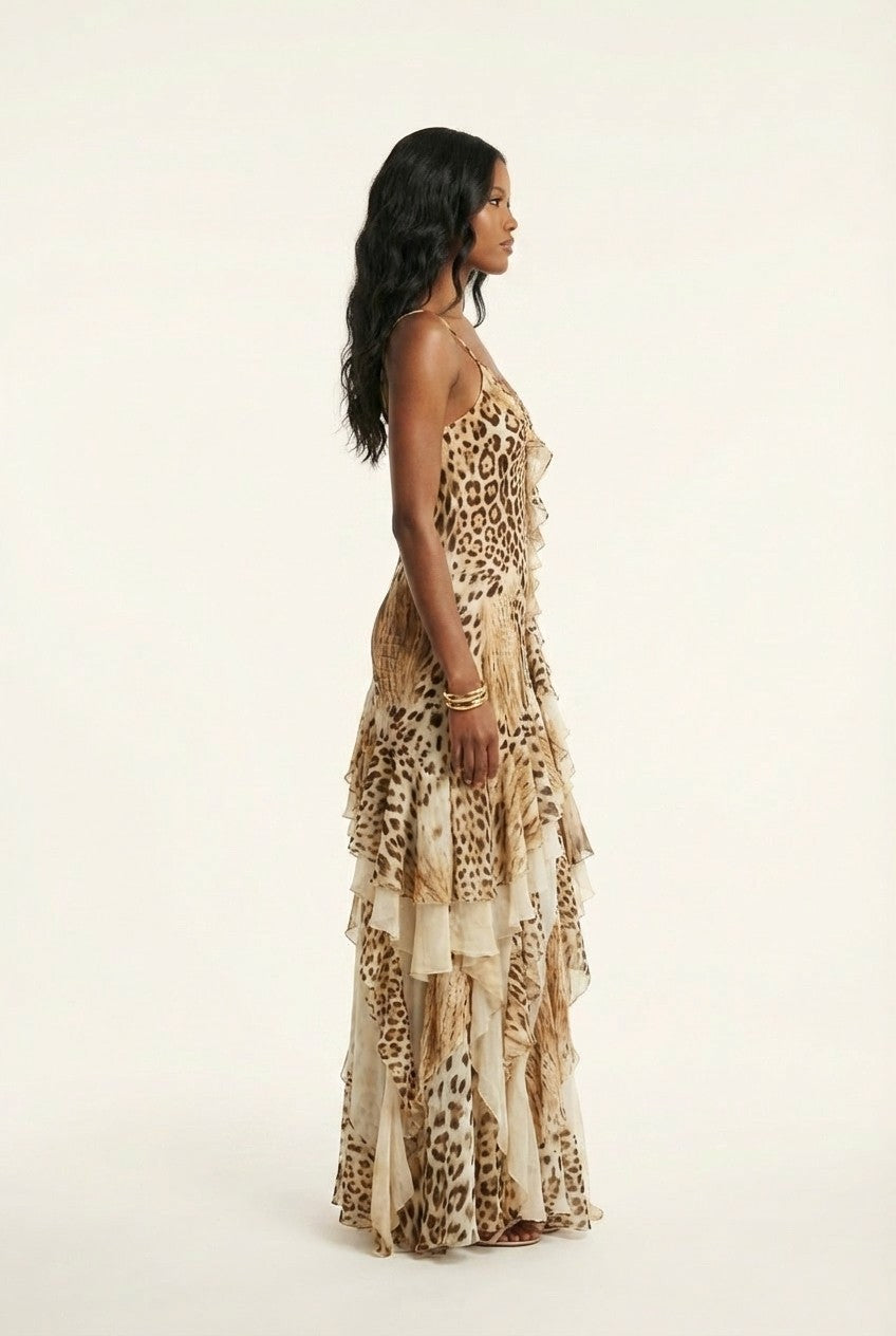 Leopard Print Chiffon Maxi Dress