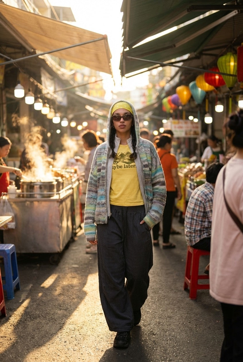 Space Dye Chunky Knit Zip-Up Hoodie Relaxed Cardigan